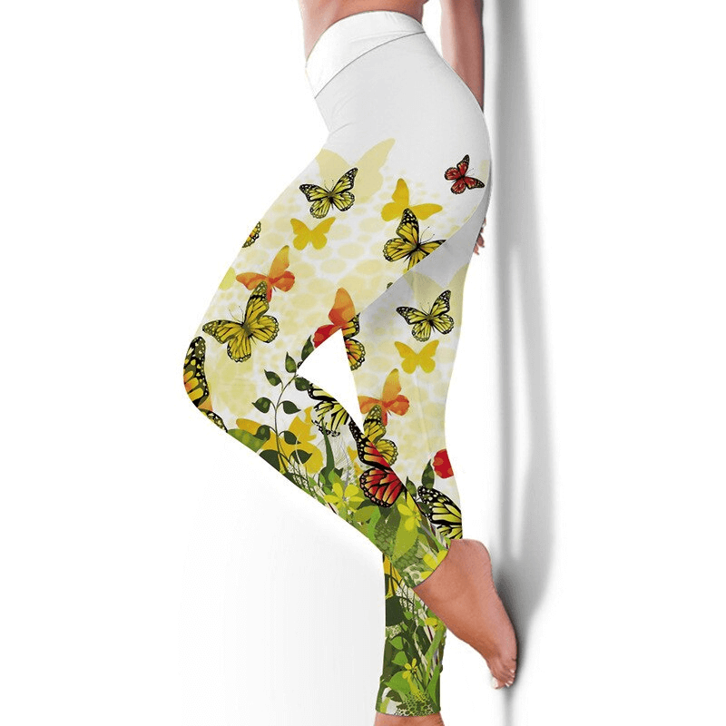 Seamless printed elastic women's leggings with butterfly design, perfect for yoga or running, showcasing comfort and style.